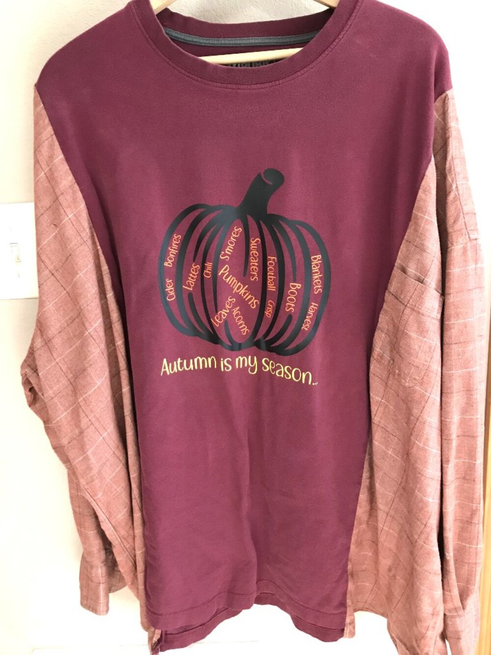 Upcycled Flannel Shirt Oversized Autumn Graphics Spliced Tee Fits XL 2X 3X - Picture 2 of 13